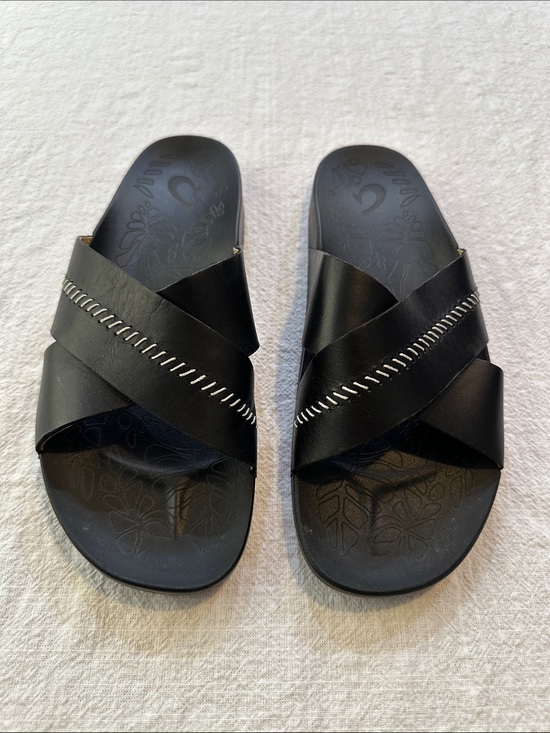 OluKai Shoes - OluKai Black Leather Cross Strap Slide Sandals Women's Size 10 EUC